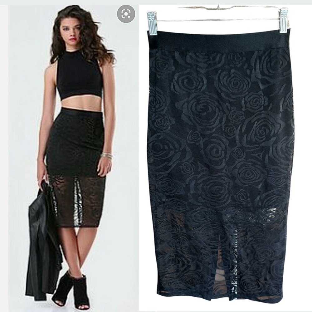 bebe Sexy Office Siren Cocktail Black Rose Pencil Skirt High Waisted Hot Medium